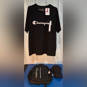 Champion Black Tee with Matching Black Backpack and Cap